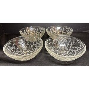 Set of 4 VTG KIG Indonesia Clear Glass Grape & Leaf Pattern 6” Bowls Great Con.